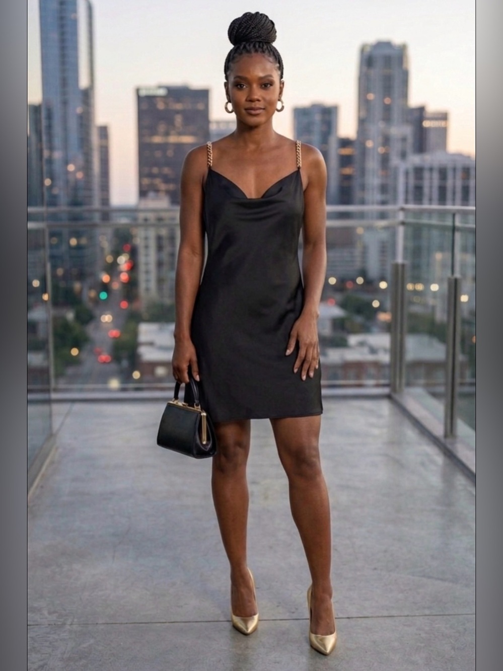 NWT Urban Outfitters Black Satin Cowl Slip Dress ✨ Gold Chain Straps Luxe M